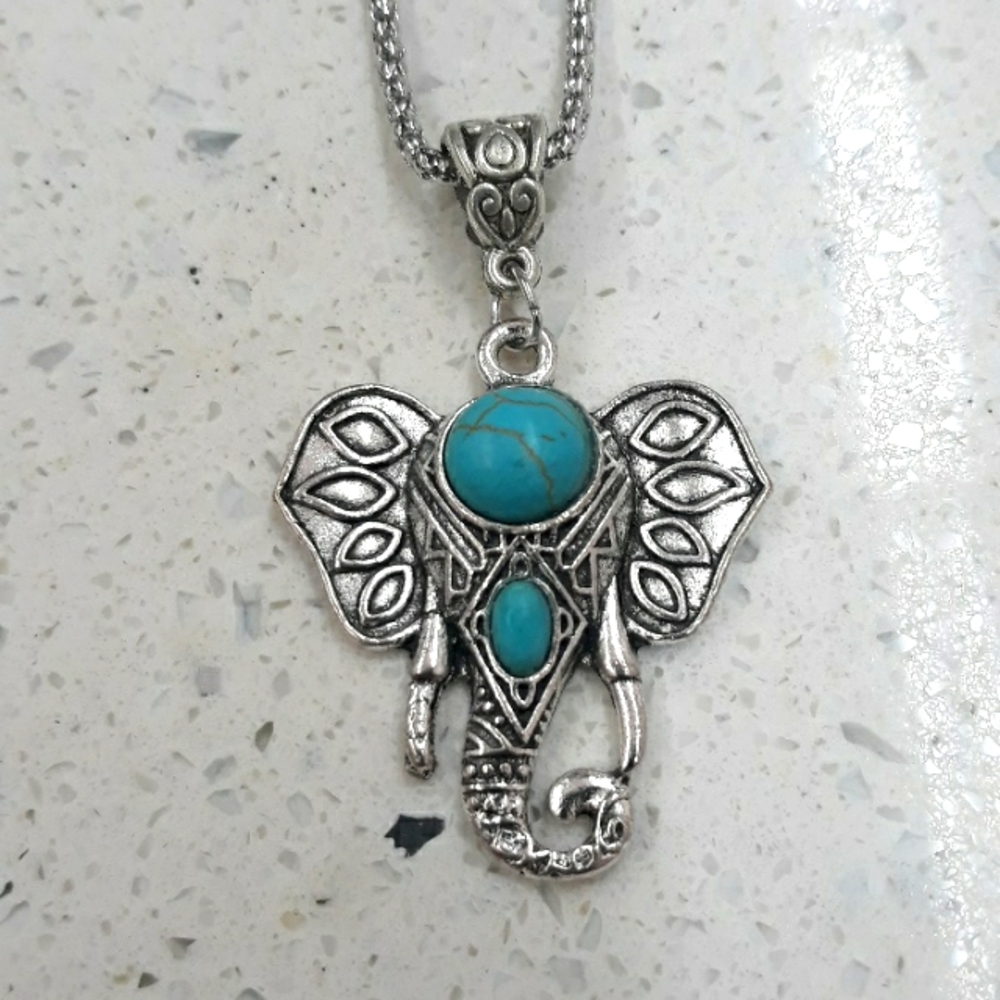 Boho Western Turquoise Elephant Statement Necklace | Silver Tone Tribal Pendant